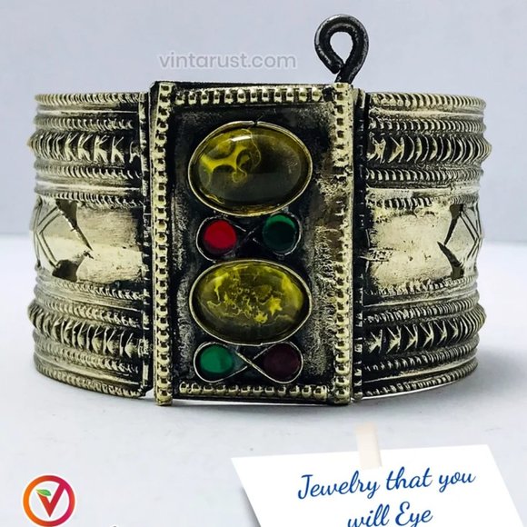 single Vintage Kuchi Cuff Bracelet With Yellow Glass Stones, Gypsy Cuff Bracelet - Picture 1 of 12